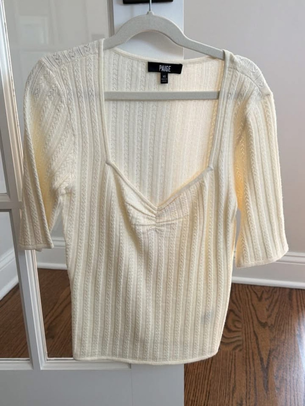 PAIGE Ivory Ribbed Square-Neck Short Sleeve Top